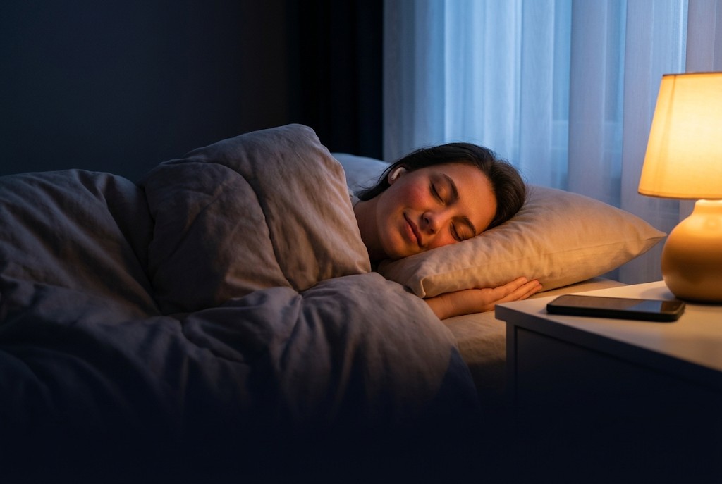 Gece, kulaklığıyla yan yatmış, hafifçe gülümseyerek uykuya dalan bir kadın; komodinde yanan bir lamba